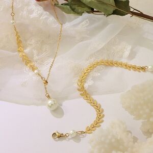 Gold Leaf & Pearl Necklace + Bracelet Set ✨ Elegant & Romantic